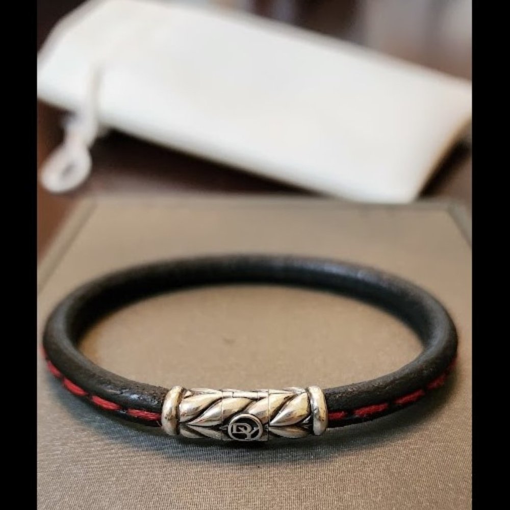 DAVID YURMAN 8" Leather Bracelet With Red Stitching In Red/black